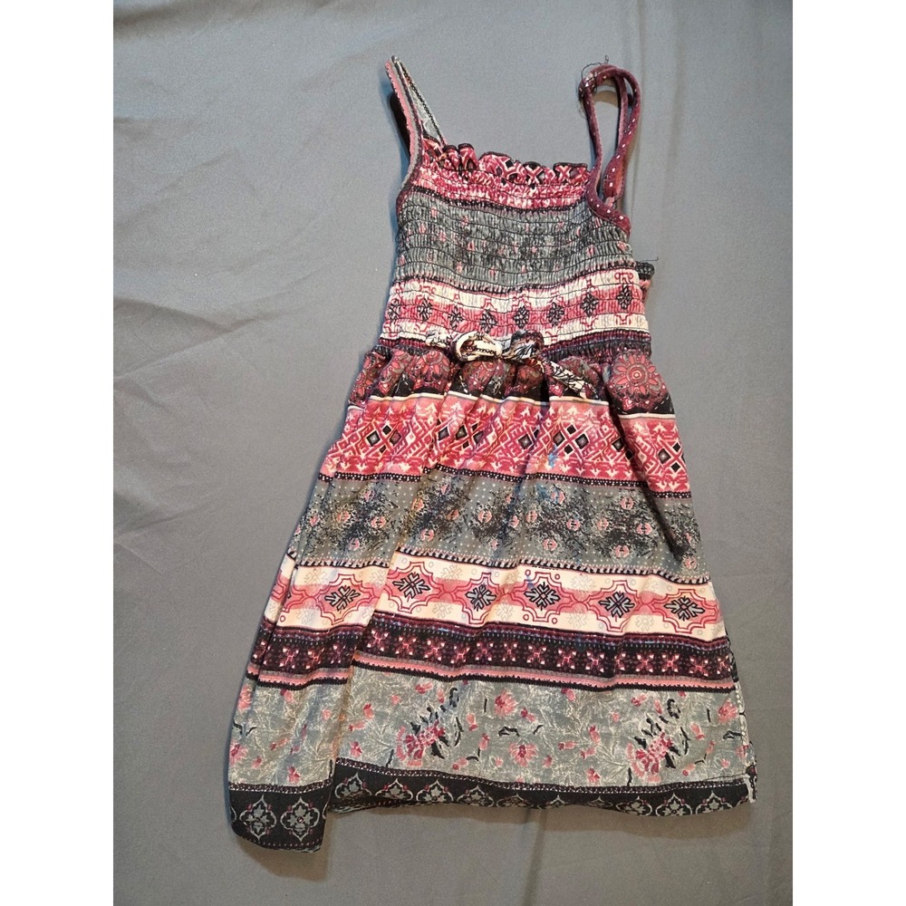 536 Girls Boho Paisley Floral Tiered Sundress Smocked Waist Red Gray 2T-3T